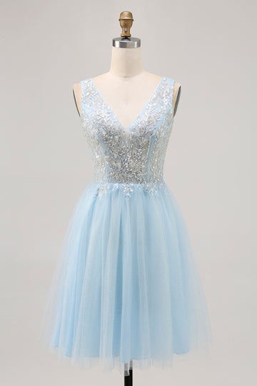 Sparkly Blue A-line Tulle Short Homecoming Dress with Sequins